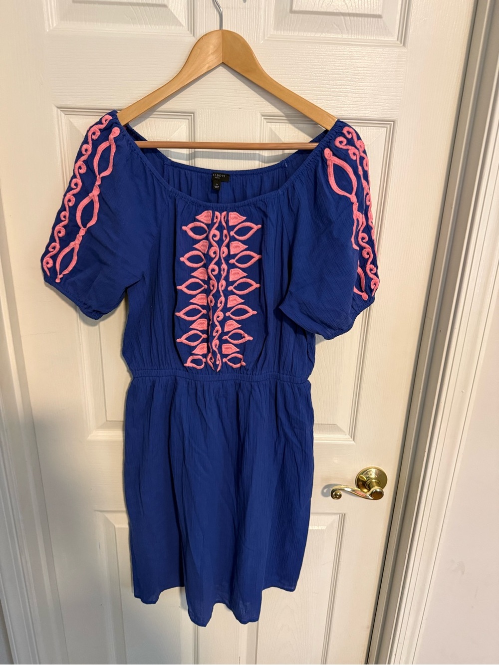 Talbots Royal Blue Cotton Gauze Embroidered Boho Peasant Dress Pink Accents